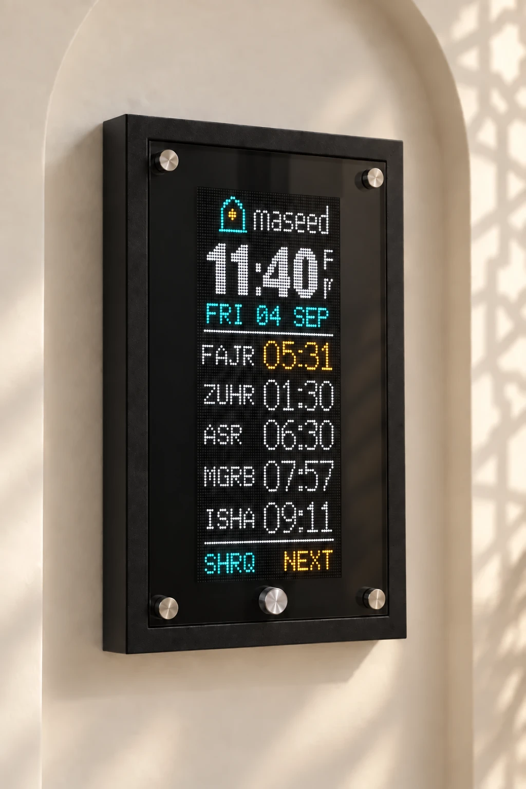 Compact M130 wall clock showing the day’s prayer times